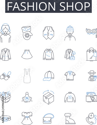 Fashion shop line icons collection. Clothing store, Style boutique, Apparel outlet, Trendy emporium, Fashion marketplace, Chic store, Clothing emporium vector and linear illustration. Stylish boutique