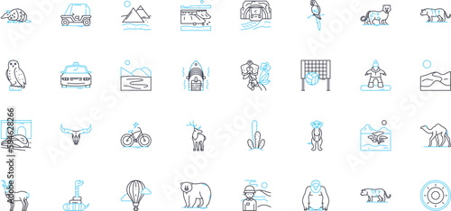 Nature's beauty linear icons set. Serenity, Majestic, Blossom, Tranquil, Vibrant, Verdant, Radiant line vector and concept signs. Lush,Refreshing,Enchanting outline illustrations