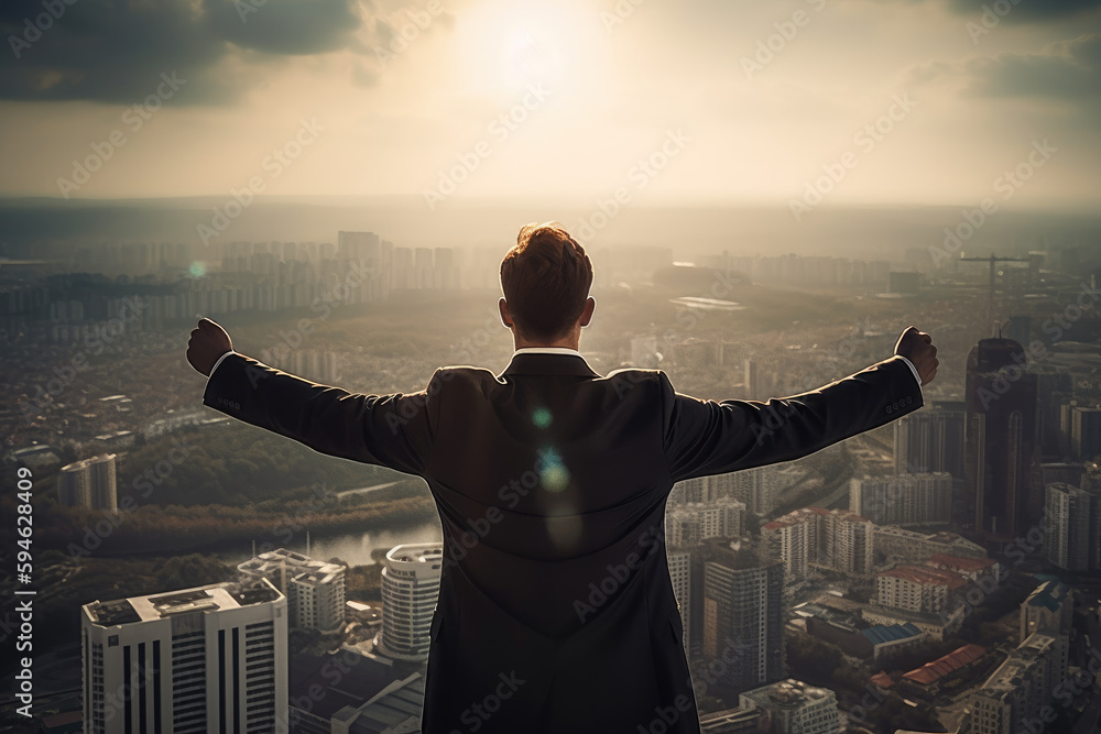 Fototapeta premium 35 year old executive man in a black suit and on his back with outstretched arms looking out over the big city from the rooftop of a skyscraper. Generative AI