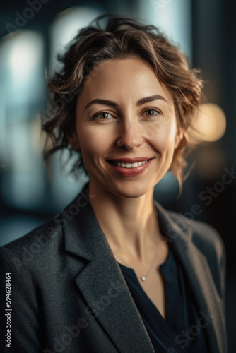 Portrait of confident mid aged executive woman in suit posing smiling in the lobby of his enterprise. Generative AI