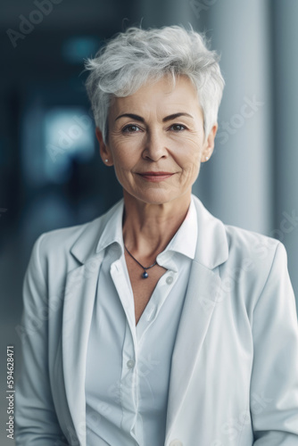 Portrait of confident senior executive woman in suit posing smiling in the lobby of his enterprise. Generative AI