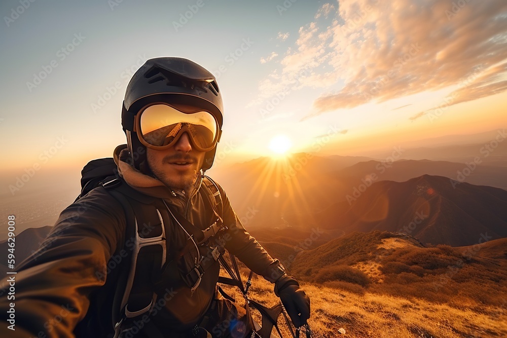A Man With A Helmet And Goggles On A Mountain Top Mountain Pass At Sunset Travel Photography Adventure Travel Generative AI A Man With A Helmet And Goggles On A Mountain Top Mountain Pass At Sunset Travel Photography Adventure Travel Generative AI