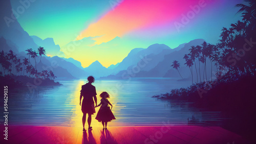 Tropical island with palm trees and sunset. Two people holding hands. Retrowave style illustration. Good for desktop wallpaper.