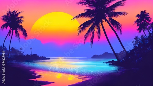 Tropical island with palm trees and sunset. Colorful. Retrowave style illustration. Good for desktop wallpaper. © Влад Дубовик