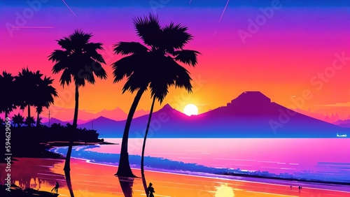 Tropical island with palm trees and sunset. Colorful. Retrowave style illustration. Good for desktop wallpaper.