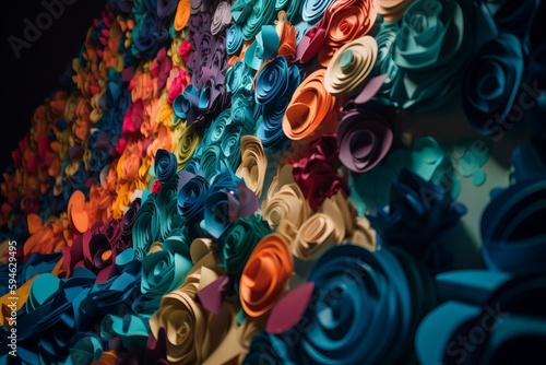 Photograph an abstract art installation made entirely out of colorful paper