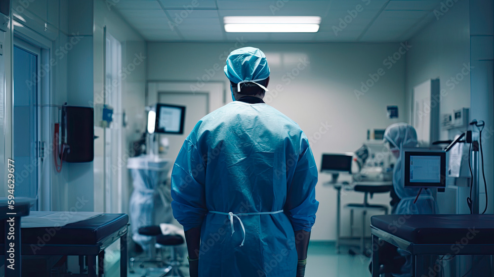 Back view of surgeon in a hospital intensive care unit. Generative AI Back view of surgeon in a hospital intensive care unit. Generative AI
