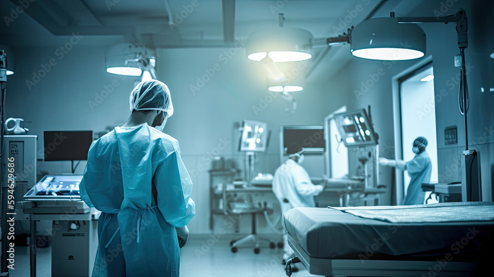 Back view of surgeon in a hospital intensive care unit. Generative AI Back view of surgeon in a hospital intensive care unit. Generative AI