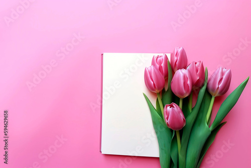 Fototapeta Naklejka Na Ścianę i Meble -  Pink tulips and a pink background with a notepad with space for text. With copy space.