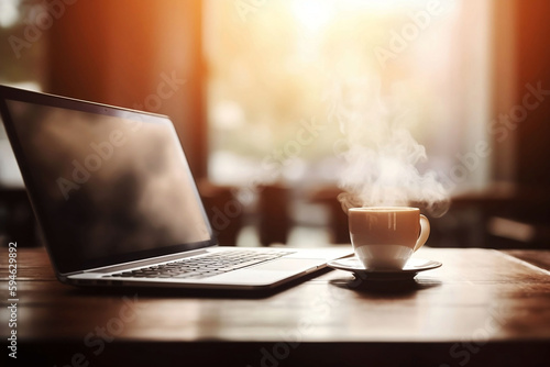 Business Laptop on Table with Coffee Cup, Blurred Background and Copy Space for Online Work