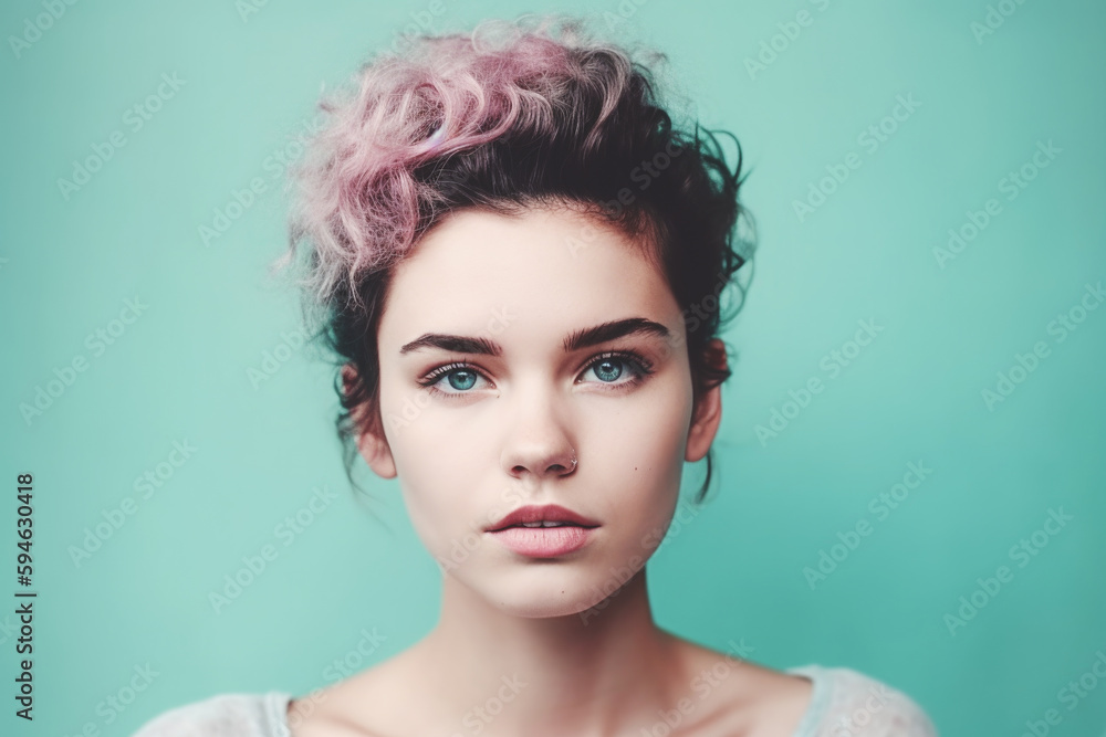 Portrait of a young beautiful and fashionable girl with colorful hairstyle, Generated ai Portrait of a young beautiful and fashionable girl with colorful hairstyle, Generated ai