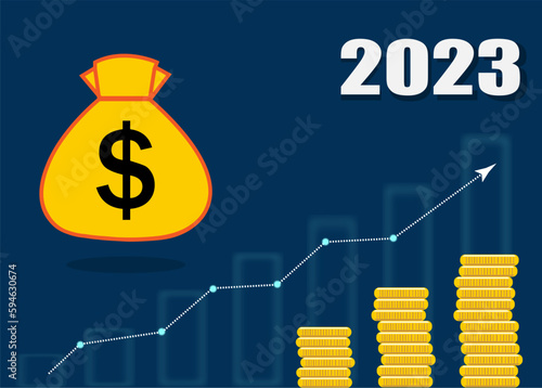 Increasing Mutual Fund Income 2023, Statistical Report, Improving Business and Financial Efficiency. Bag of dollars with a chart. Vector illustration.