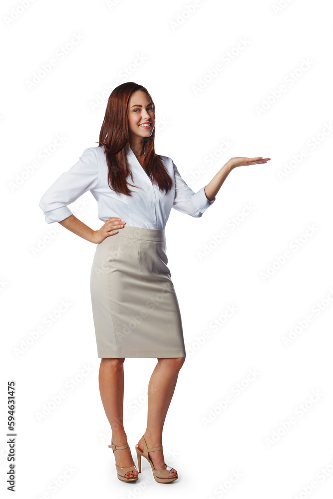 Portrait, happy woman and advertising sales offer, business information and opinion. Female worker, announcement and hands to show choice, decision or promotion isolated on transparent png background Portrait, happy woman and advertising sales offer, business information and opinion. Female worker, announcement and hands to show choice, decision or promotion isolated on transparent png background