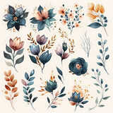 Watercolor floral elements set ilustration, collection of teal, beige and orange flowers and plants, bouquets, for wedding invitations, stationary, greetings cards