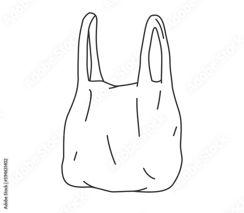 Hand drawn cute outline illustration of disposable shopping bag. Flat vector grocery plastic package, environmental pollution design in line art doodle style. Ecology sticker, icon or print. Isolated.