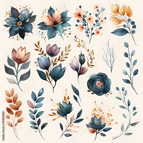 Watercolor floral elements set ilustration, collection of teal, beige and orange flowers and plants, bouquets, for wedding invitations, stationary, greetings cards