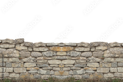 Ancient old stone brick wall, isolated on transparent background.