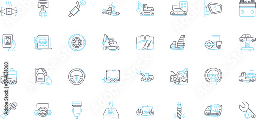 Sedan linear icons set. Classy, Stylish, Elegant, Sophisticated, Comfortable, Spacious, Sleek line vector and concept signs. Luxurious,Efficient,Reliable outline illustrations