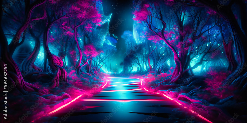 neon lights over a pathway, neon lights over a pathway,