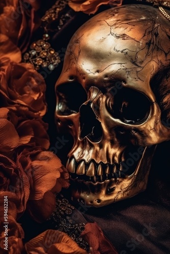 Skull Background in the Decadent Embracing Diva Style - Beautiful Skull Backdrop with empty copy space for text - Wallpaper with a stylish Skull - Created with Generative AI technology 