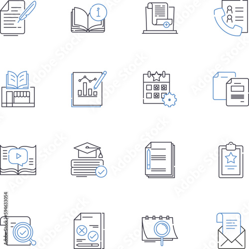 Written materials line icons collection. Manuscripts, Texts, Documents, Books, Novels, Reports, Essays vector and linear illustration. Articles,Journals,Diaries outline signs set