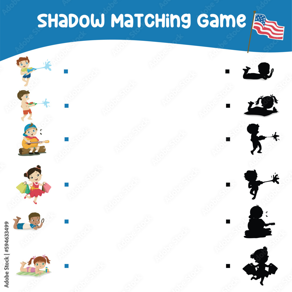Fototapeta premium Find the correct shadow of cute kids spending their summer holiday. Matching shadow game for children with summer holiday theme. Worksheet for kid. Educational printable worksheet. Vector illustration