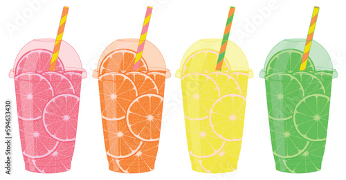 Five plastic cups with fruit slices. Orange, lemon, green lemon, grapefruit and citrus fruits. Color illustration.