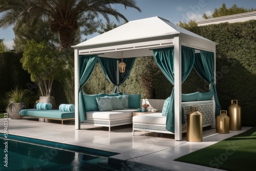 Slika na platnu glamorous poolside cabana with chaise lounge and cocktail shaker, created with g