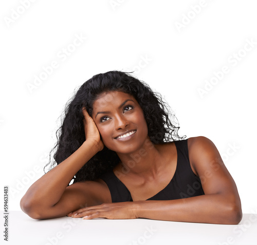 Fotografie Happy, indian woman and thinking of a memory, mindset and planning goals
