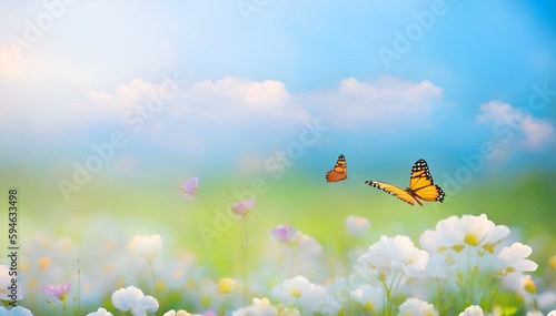 Wild Yellow Flowers and Butterflies stock photo, beautiful summer day, blurry image, concept photo, landscape.