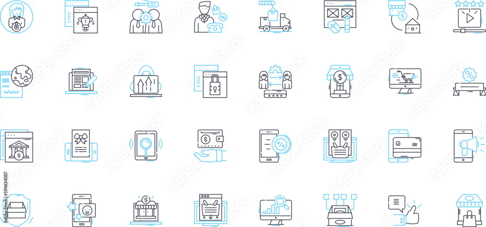 Shop online linear icons set. Convenience, Accessibility, Diversity, Availability, Savings, Reliability, Speed line vector and concept signs. Security,Efficiency,Personalization outline illustrations Shop online linear icons set. Convenience, Accessibility, Diversity, Availability, Savings, Reliability, Speed line vector and concept signs. Security,Efficiency,Personalization outline illustrations
