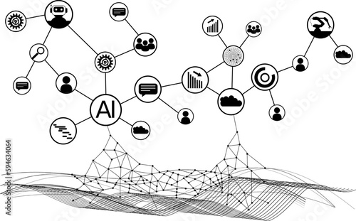 AI in der Gesellschaft und Industrie - Grafik mit vernetzten Symbolen - vernetzte weltweite Systeme