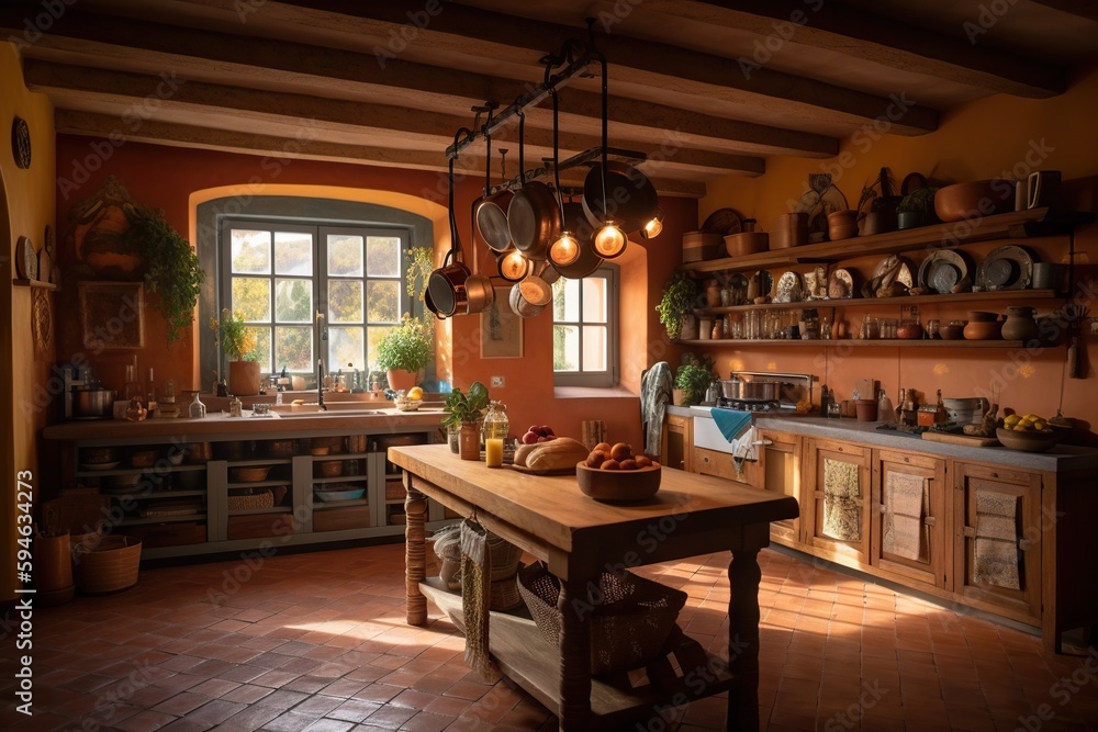 A Kitchen With A Table And A Window In It's Center Rustic Farm Interior Ceramics Cuisine Generative AI