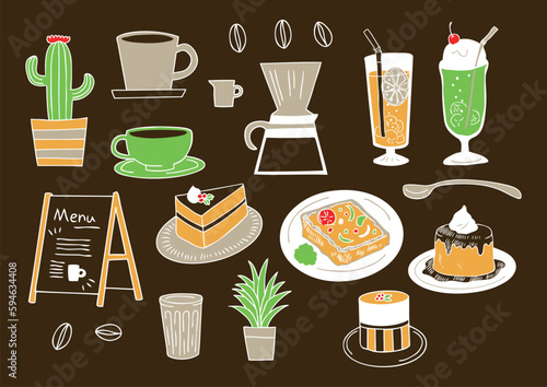 可愛いカフェの手描きイラストセット