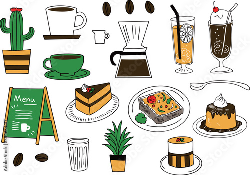 可愛いカフェの手描きイラストセット