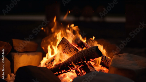 Nahaufnahme Lagerfeuer draussen. Holz, Flammen und Feuer. Generative Ai.