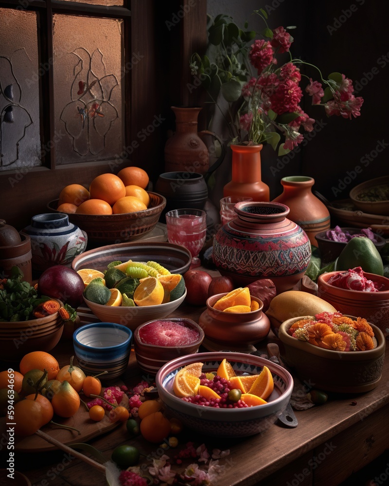 A Table Topped With Bowls Of Fruit And Vases Of Flowers Kitchen Food Photography Food Photography Generative AI