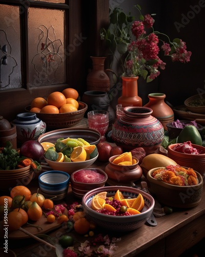 A Table Topped With Bowls Of Fruit And Vases Of Flowers Kitchen Food Photography Food Photography Generative AI