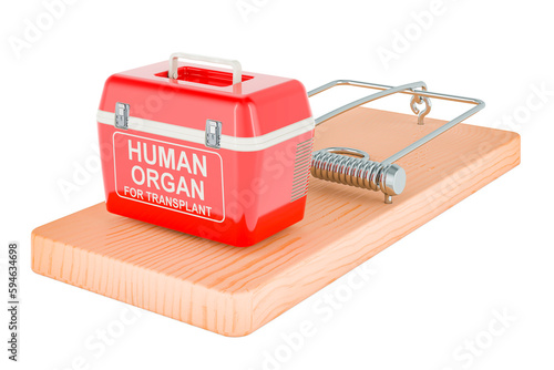 Portable fridge for transporting donor organs inside mousetrap. 3D rendering