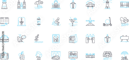 Open-air pastimes linear icons set. Picnicking, Hiking, Cycling, Camping, Fishing, Boating, Swimming line vector and concept signs. Sunbathing,Gardening,Birdwatching outline illustrations