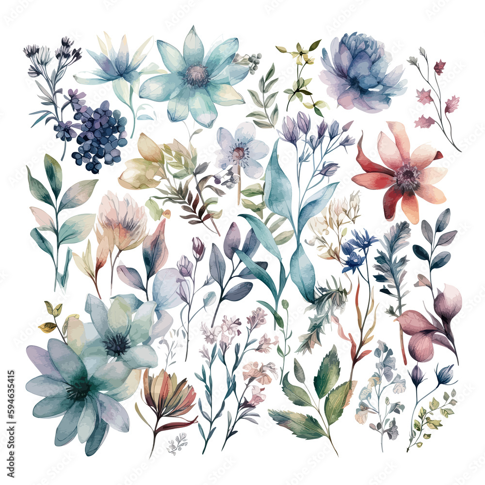 custom made wallpaper toronto digitalSet of watercolor flowers leaves and twigs on a white background