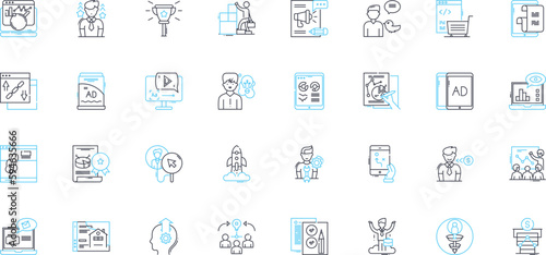 Publicity and exposure linear icons set. Visibility, Outreach, Publicity, Branding, Buzz, Fame, Recognition line vector and concept signs. Exposure,Attention,Advertorial outline illustrations