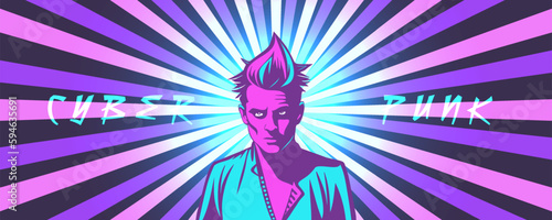 Vector portrait of a disheveled young guy in cyberpunk style against the background of bright shining beams.