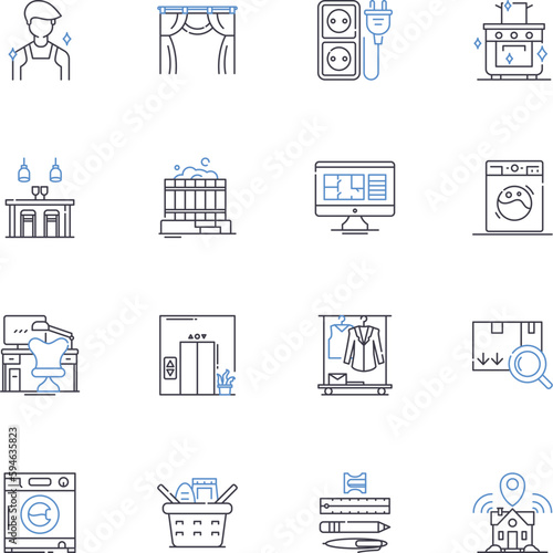 Interior renovation line icons collection. Design, Remodeling, Refurbishment, Renovation, Restoration, Refinishing, Painting vector and linear illustration. Flooring, Lighting, Plumbing outline signs