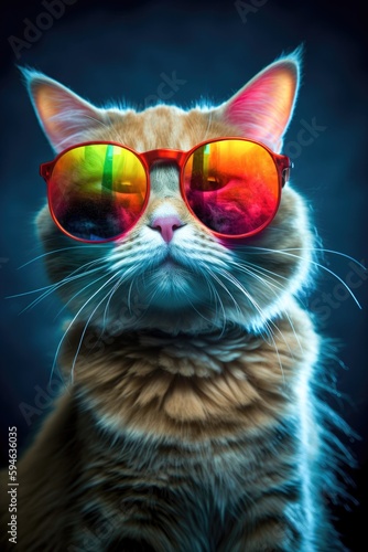 Retro style cat with sunglasses lens with tropical colors summertime Generative AI Illustration