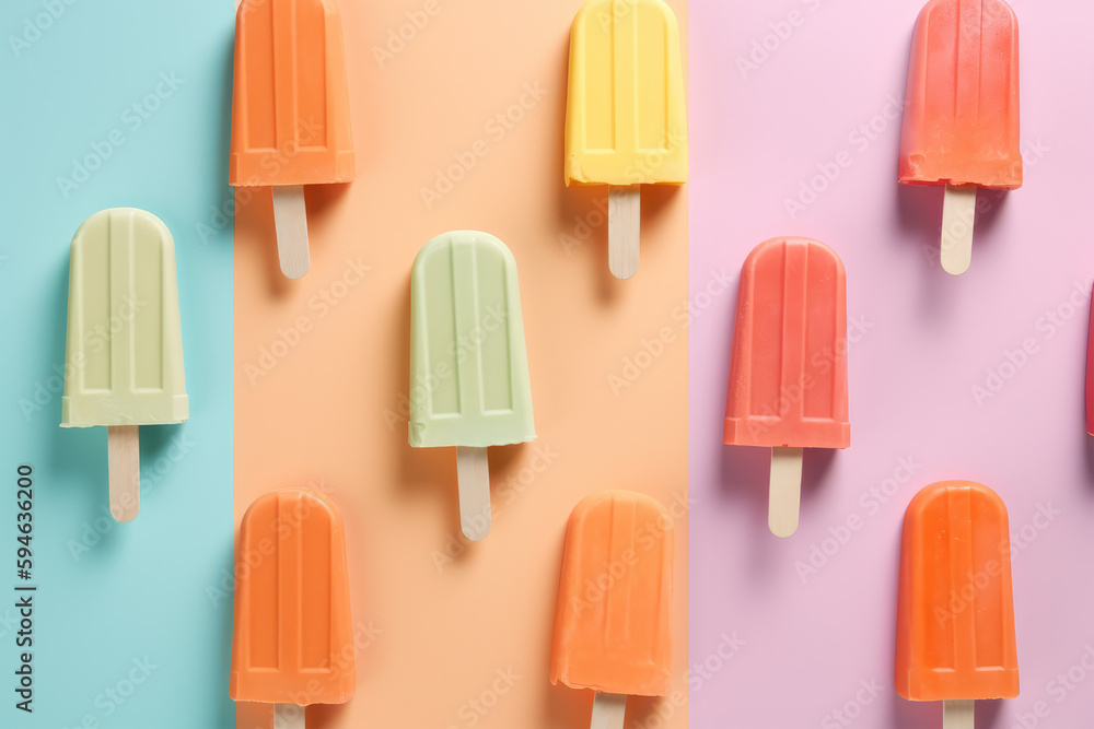 Variety of colourful popsicle ice cream sticks on striped background, flat lay top view. Minimalistic summer concept. Generative AI Variety of colourful popsicle ice cream sticks on striped background, flat lay top view. Minimalistic summer concept. Generative AI