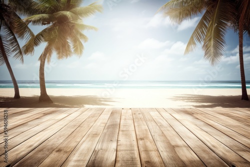 Beach blurred background with wooden floor and tropical palm trees summertime vacations Generative AI Illustration