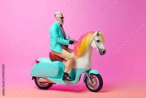 Trendy hipster riding funny moto-Unicorn-horse. Vivid colours, pink background. Fancy greeting banner for trendy colleagues. Party and fun concept. AI image.