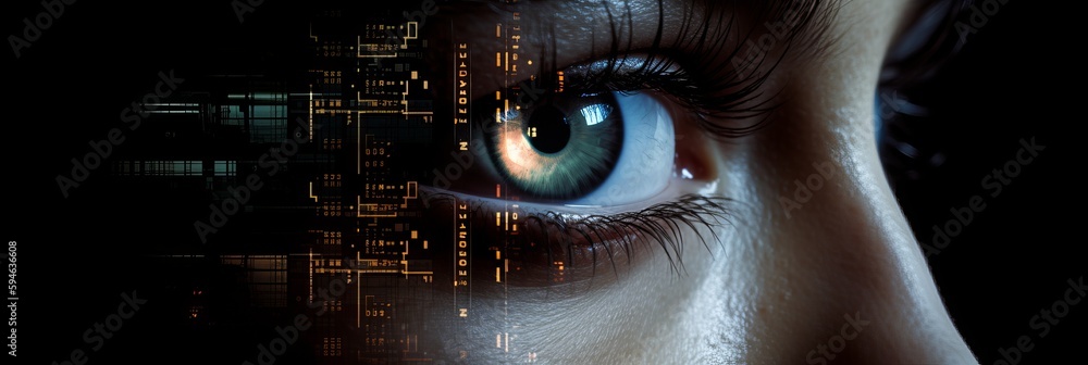 Cyber technology eye panel concept. Human android cyborg eye futuristic concept. Data scanning. Future scientific technology innovation safety science. Artificial intelligence concept. AI image - obrazy, fototapety, plakaty 