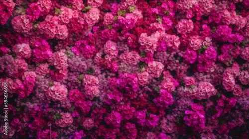 wall of bright pink flowers background. generative AI